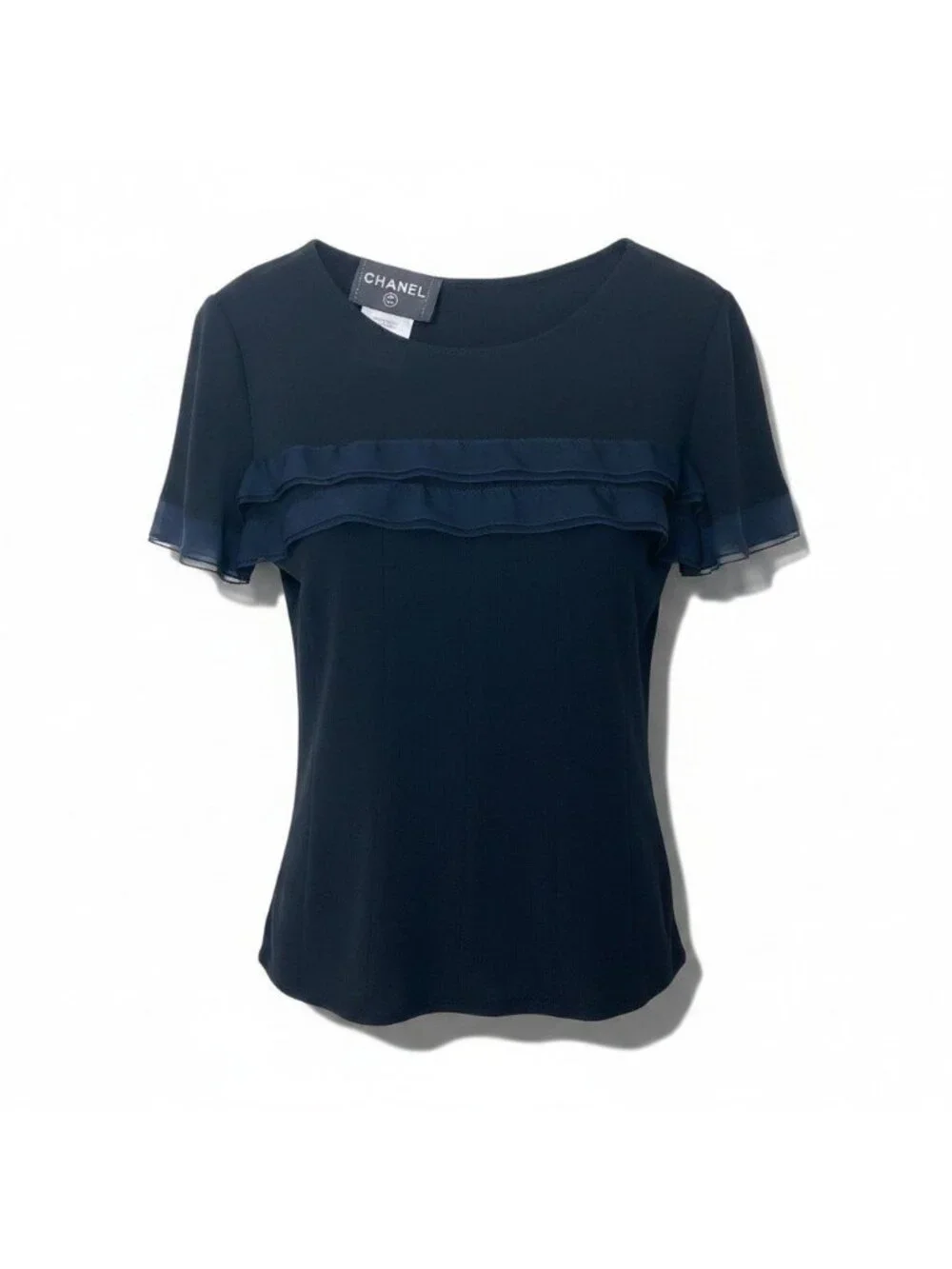 Chanel Ch1 Short Sleeve Knit Sweater CC Logo Button 36 Black 100% Rayon